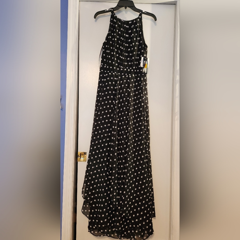 Betsy Adam Flowing Black and White Polka Dot Gown